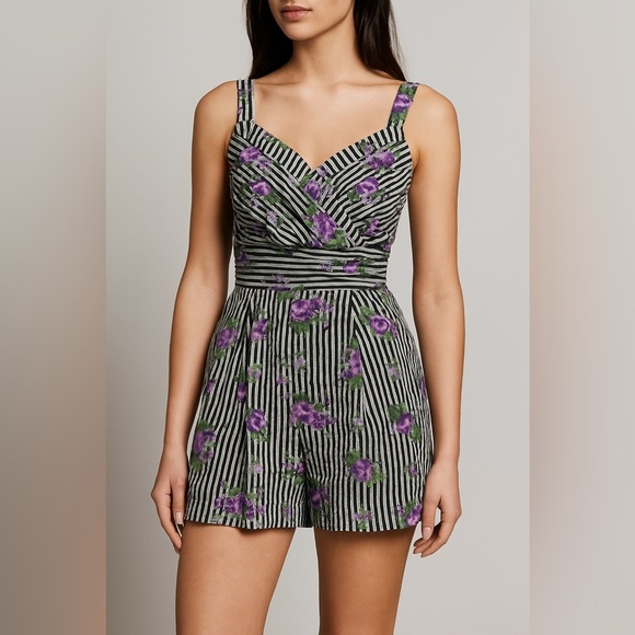 Anna Sui Silk Striped Floral Romper Sz12 - Picture 1 of 11